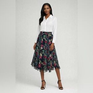 LAUREN RALPH LAUREN Ruffled Floral Georgette Skirt Black Size 8